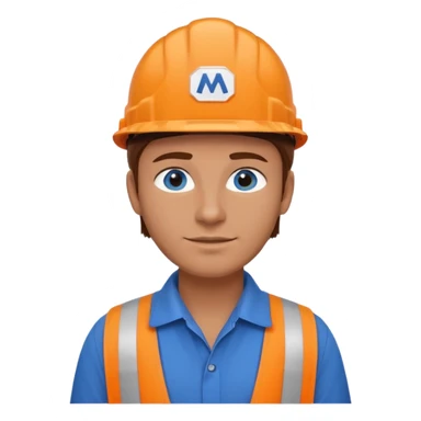 Blue collar worker with brown hair and blue eyes wearing a blue collar shirt with a michelin logo on the shirt and an orange hard hat sticker