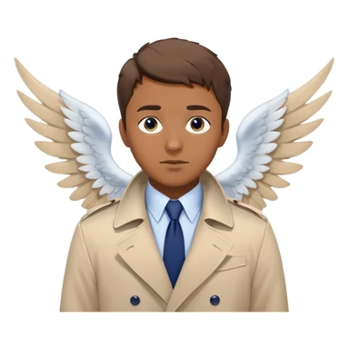 a man brown short hair, blue eyes, beige trenchcoat, white shirt, navy tie, angel wings sticker