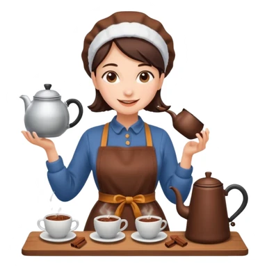 A cheerful woman wearing a winter apron, pouring cocoa from a kettle into tiny cups.
 sticker