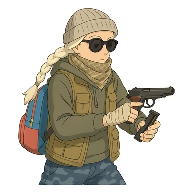 1 female, long white braid, knit cap, dark sunglasses, shemegh neckwrap, fishing vest, vibrant shool backpack, drab hoodie, handwraps, blue camo pants, executing a tactical reload of a makarov pistola sticker