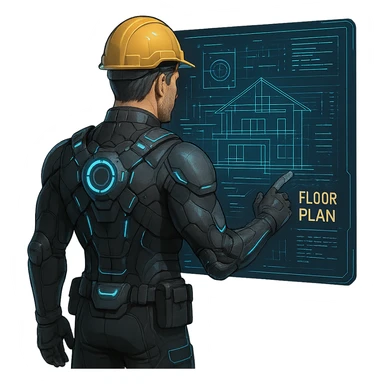 A 35-year-old male builder character with light skin in high-tech style with dark gray headers, cold blue links, warm white text, dark gray background, and teal accents. The character should be shown from the back, using a holographic blueprint, with a focus on the high-tech details. sticker
