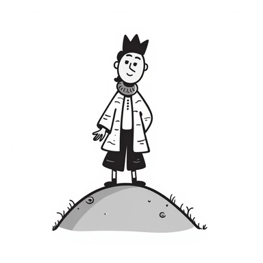 simple black line art of a king on a hill, playful and sketchy sticker