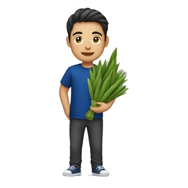 a guy with dark blue color shirt holding ketupat casually sticker