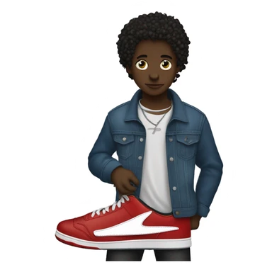  boy holding the red electric guitar. have green eyes and short curly hair.   nike jordan Travis Scott shoes.  blue jeans The boy is not white however not so dark.  sticker
