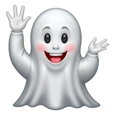 ghost emoji with tongue out with one hand up and one down and 6 above the left hand and 7 above the right hand sticker