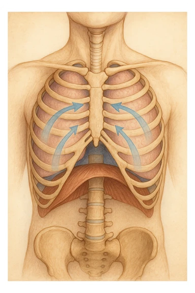 A realistic, high-quality anatomical illustration showing a human torso with visible rib cage and diaphragm. The ribs are shown in a decompressed, expanded state, allowing full lung expansion, while the diaphragm is depicted as relaxed and lowered, indicating deep, efficient breathing. Soft blue and warm tones highlight airflow and lung capacity, with light arrows illustrating the air movement during diaphragmatic breathing. The image conveys a sense of calm, openness, and optimal breathing mechanics, useful for physiotherapy, breathing education, and osteopathic learning contexts realistica sticker