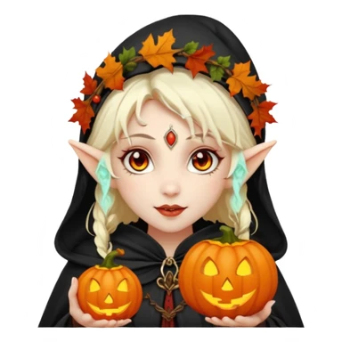 female elf vampire emoji, pale skin, red eyes, elegant face, autumn leaf and pumpkin wreath on head, black hooded cloak with cobweb details, holding small glowing pumpkin lantern, Halloween fantasy theme, Apple emoji style, clean white background, square sticker