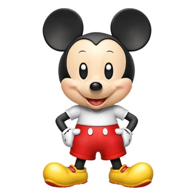 Design a 3D emoji-style Mickey Mouse with big round ears, red shorts, yellow shoes, and a cheerful expression. Cute, glossy, and cartoonish. sticker