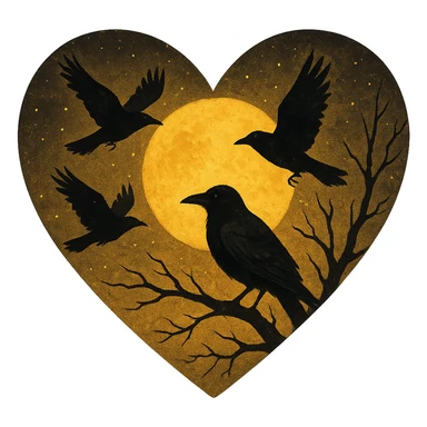  heart with yellow night sky and dark ravens, remove background sticker
