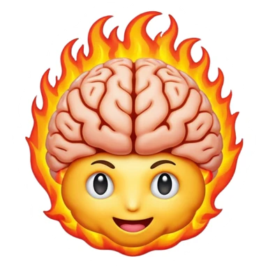 high-contrast emoji of a brain with vivid flames, representing intense passion and discovery, compact, vibrant, optimized for emoji size sticker