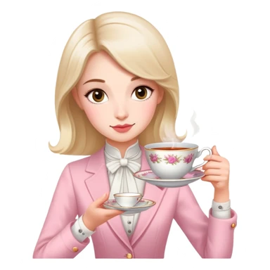 British girl elegantly holding teacup with one hand, pinky slightly raised, proper tea etiquette sticker