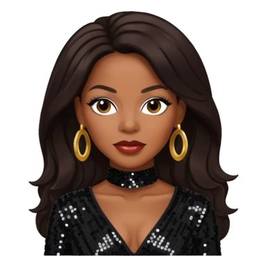 Dawn Robinson from En Vogue with long dark brown hair, black sequin outfit sticker