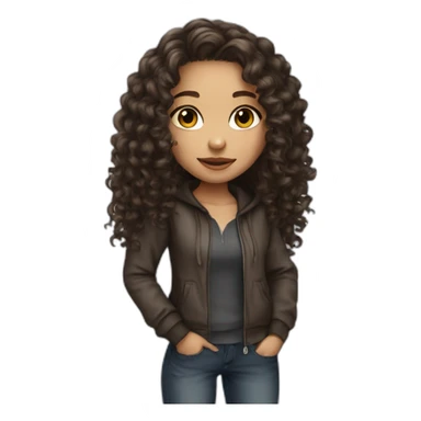 a girl white skin with long dark brown curly hair and skin clear with street wear sticker