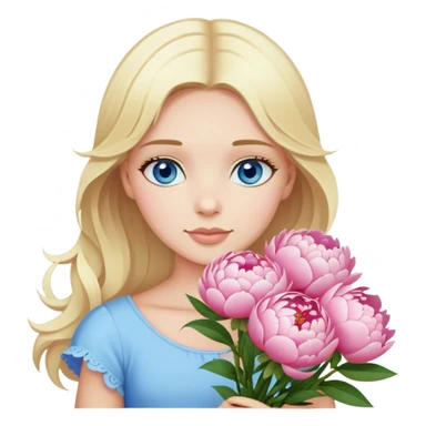 Girl with blond hair blue eyes beautiful finish and holding a bouquet of peonies sticker