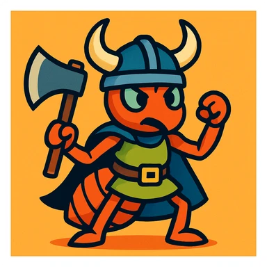 viking warrior ant, horned helmet, axe, bold lines, vibrant colors sticker