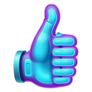 futuristic glowing thumbs up, neon purple and cyan light, dark background, digital tech style sticker