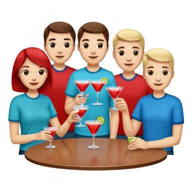 A large crowd of adults in casual clothing with red, aqua and blue shirts with drinks chatting at an afterwork meeting sticker
