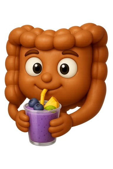 EMOJI STILE IPHONE DI un intestino umano anatomico che beve un frullato di mirtilli, ananas, kiwi, fagli anche la parte bianca degli occhi, non solo le pupille, REALISTICo 4K sticker