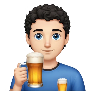 white guy thick eyebrows blue eyes with short curly black hair holding beer sticker
