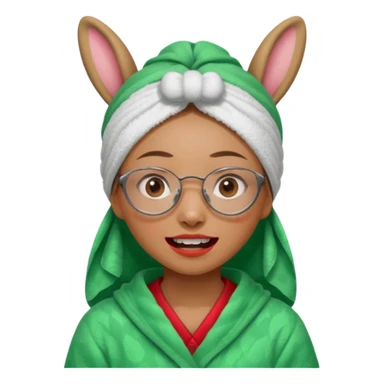 Asian woman who has a big rabbit front teeth wearing a green towel in her head with a broken glasses on her face in red pajamas sticker