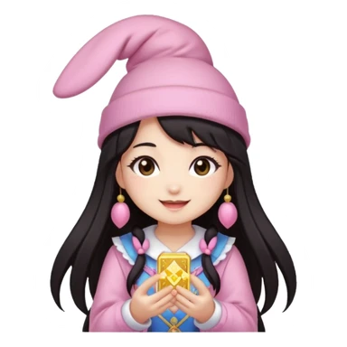 pixel art chibi asian girl with dark long hair in pink bunny hat magical girl with kawaii tarot cards thrown in air pixel emoji sticker