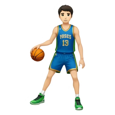 Full Body  white male basketball player with short shaggy dark hair and  close shave gold tee  wearing blue and green uniform sticker