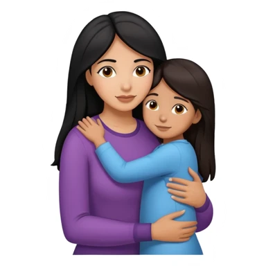 Hispanic mother with black hair hugging daughter with straight brown hair hugging sticker