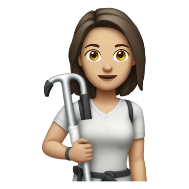 Caucasian woman with shoulder length dark brown hair on crutches with a bandaged right knee sticker