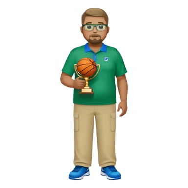  full body white obese male basketball coach with trophy. Goatee , Wearing glasses and blue and green nike polo shirt and khaki pants sticker