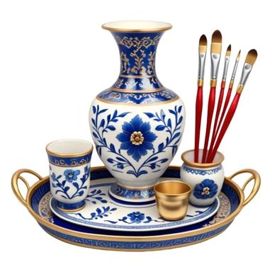 Metal painting icon, a metal vase, tray and one metal cup with 3 brushes, each decorated with different techniques: Gzhel-style blue floral patterns, Chinese red and gold designs, and intricate Golden embroidery-style details. Visible fine paintbrush, paint pots, and accessories like porcelain palette, minimalistic style, clean lines, transparent background. sticker