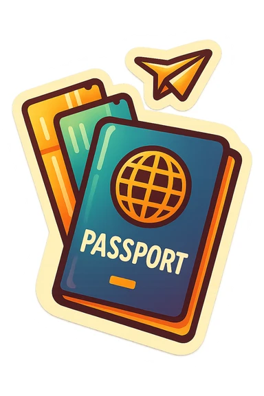 retro sticker-style image of a passport with two tickets, a small paper plane flying above, bold outlines, juicy colors, expressive shadows and highlights sticker