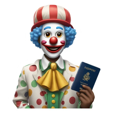 Clown holds a passport sticker