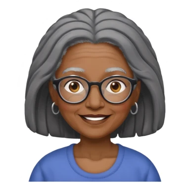 emoji of a black grandma with long hair that reaches past shoulder black and gray hair with glasses and brown eyebrows sticker