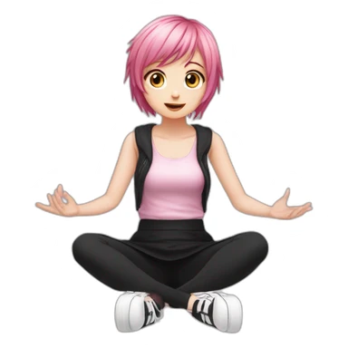 Full body Front view curvy emo girl pink hair sits on the floor straight view hands up black skirt белые трусики полосатые рваные чулки sticker