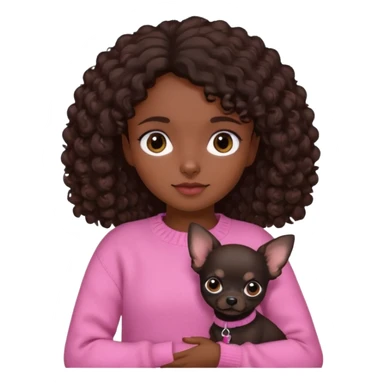 Girl with dark brown curly hair and brown eyes in a pink sweater holding a black chihuahua sticker