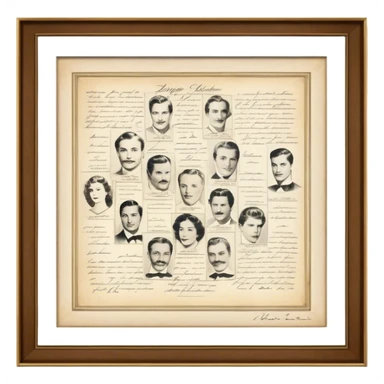 Icon for Autograph Collecting: several vintage framed with signatures of famous celebrities sheets stacked one on top of the other, each . The icon should evoke the charm and history of collecting autographs. Transparent background. sticker