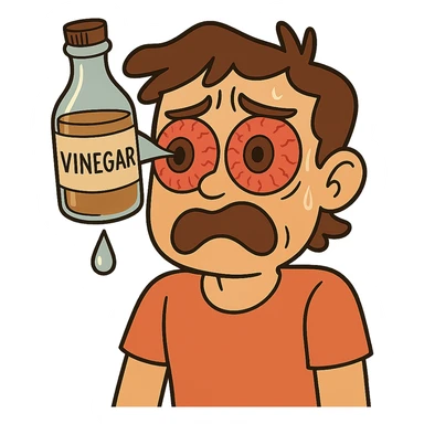 A cartoon style illustration of a vinegar bottle with a drip of liquid falling directly into a person's big, reddened, expressive eyes. The image is clear and expressive with no background. The style is cartoonish and vivid, focusing on the vinegar bottle and the eyes with a visible drip of liquid. sticker