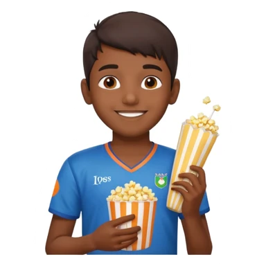 an indian boy wearing indian cricket jersey and eating popcorn sticker
