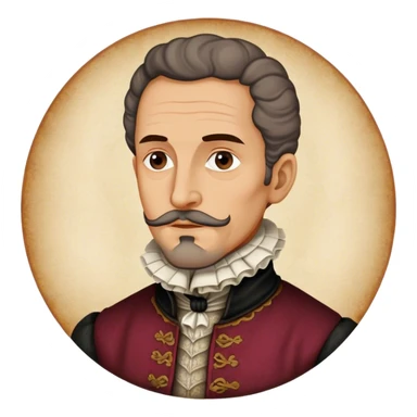 Cinematic Realistic Miguel de Cervantes Portrait Emoji, depicted as a wise thoughtful literary figure in period attire with a reflective gaze, rendered with detailed textures and soft historical lighting that captures his enduring literary legacy. sticker