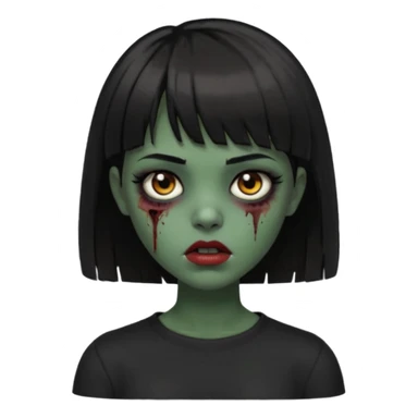 Zombie girl emoji verde escuro com cabelo curto liso preto no ombro e franja na altura da sobrancelha cobrindo completamente a testa, usando uma blusa preta, com olhos castanhos escuros sticker