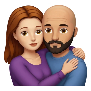 Couple. Bald man with dark brown-black beard. White woman with many small, faded freckles, she has white skin and she has auburn-yellow-brown-cinnamon, dark long hair. She has light brown eyes. The man have hazel eyes. Retro style. They hug. sticker