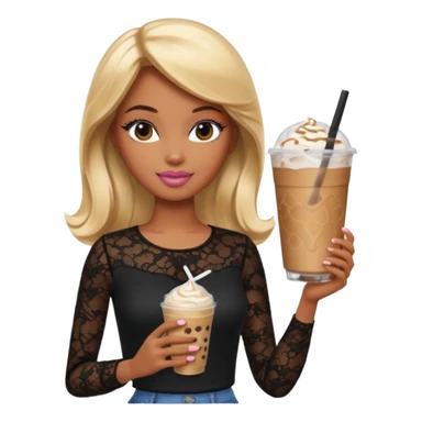 brown skin blonde barbie wearing black lace shirt with iced latte sticker