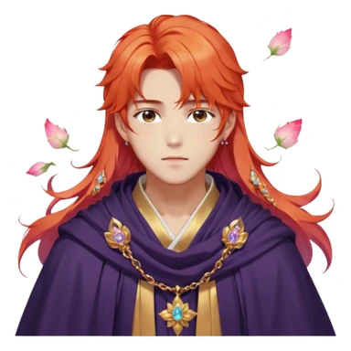 Beautiful gorgeous blushing Korean-BTS-anime guy with beautiful fiery-special-medium-long-hair, fashion aesthetic, ethereal, fairycore, pastelcore, flower petals, crystals, layered robes, toga, cloak scarf, accessories, jewelries, gold, colorful, shiny, trending style, outside sticker