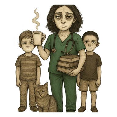Edit the image to add two boys. The woman should be wearing Kelly green scrubs, with longer and darker hair. She should be holding a coffee cup, with a stethoscope around her neck, and a stack of books nearby. Include a cat at her feet. She has pale skin, gray eyes, and a tired expression. Remove the background entirely. sticker