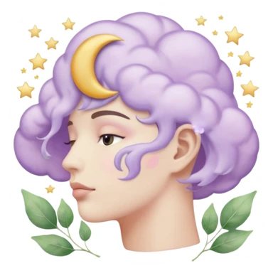 watercolor-style emoji of a human head silhouette with “AI” inside a lilac cloud, connected to a soft circuit shape. gentle pastel palette (sage green, blush, lilac), surrounded by leaves, moon, and stars — poetic and calm aesthetic. sticker