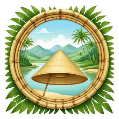 ​Cinematic Realistic Traditional Vietnamese Nón Lá, depicted as a delicately crafted conical hat made of bamboo and palm leaves with subtle texture and natural wear, set against a serene rural backdrop bathed in warm, soft sunlight, evoking authentic cultural heritage, sticker