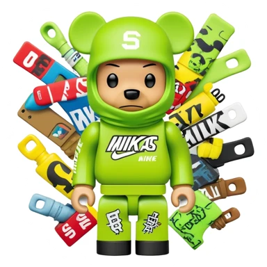 bearbrick toy with cubic head wearing a lime green balaclava covered in multiple street brand logos like Supreme, Nike, Adidas, Off-White in graffiti style, chaotic and adventurous logo placement, expressive eyebrows sticker