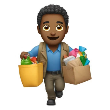 a man collects a bunch of things and runs sticker