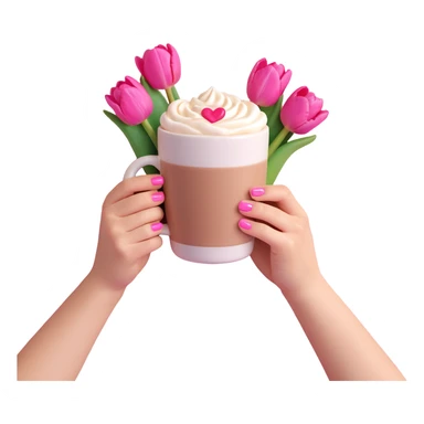 hands with pink nails holding a coffee cup, heart-shaped latte art, pink tulip bouquet in the background, light pastel colors sticker