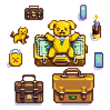 Yellow emoji with karate dogs, a briefcase, money, a phone and a paintbrush flying in its aura sticker